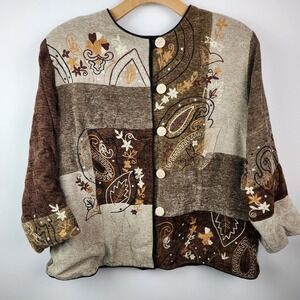 Indigo Moon Womens Jacket‎ Size 2X Embroidered Artsy Fall  Brown Patchwork